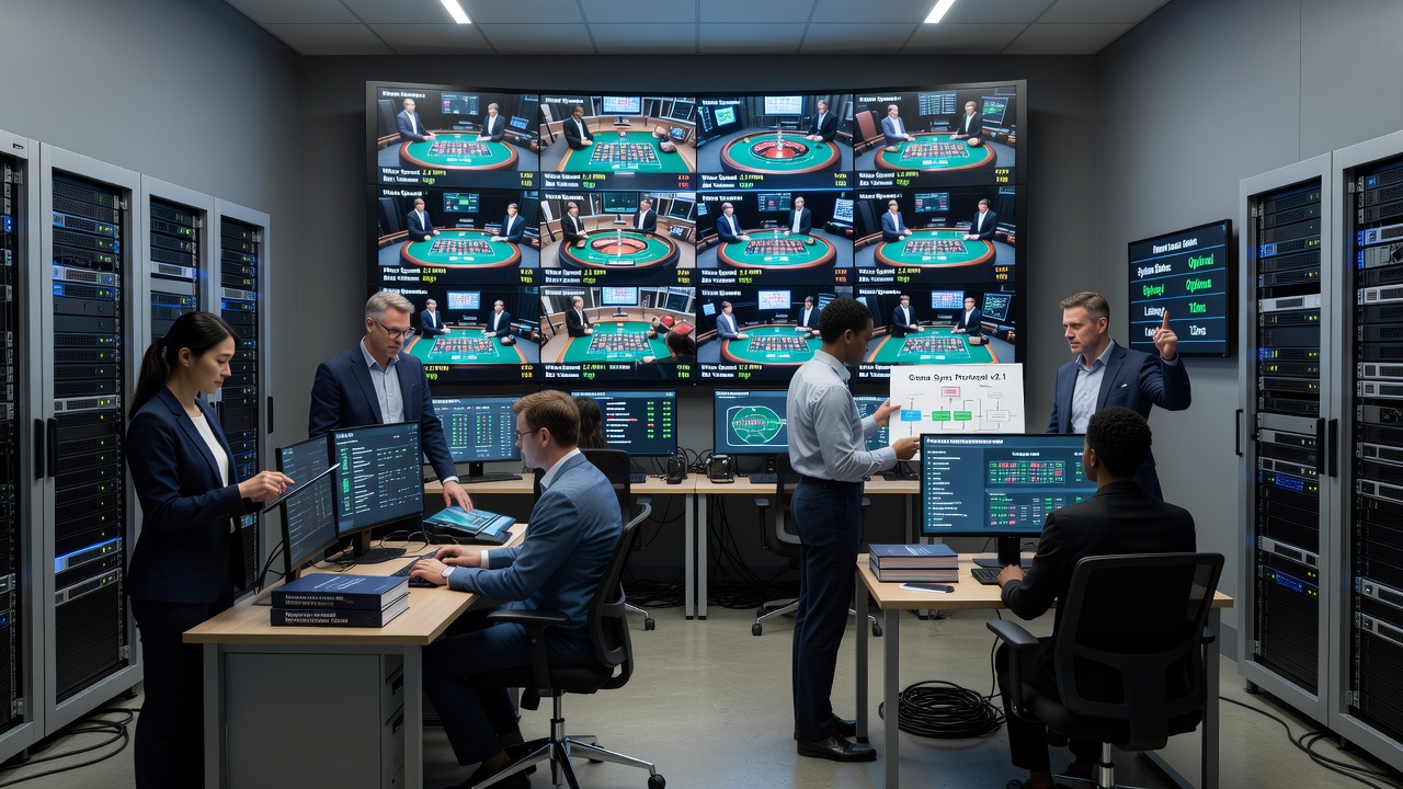 Techniker bei der Überwachung von Synchronisationssystemen in einem Kontrollraum für internationale Roulette-Streams