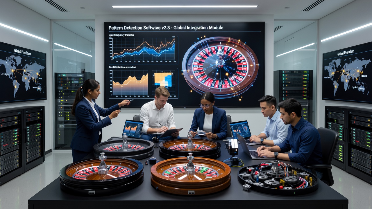 Globale Netzwerkkarte mit verbundenen Roulette-Studios und Software-Schnittstellen für Musteranalyse
