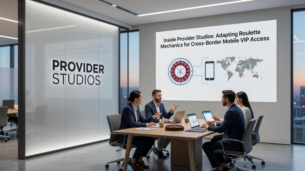 Innenansicht eines modernen Roulette-Provider-Studios mit mehreren Tischen und technischer Ausstattung