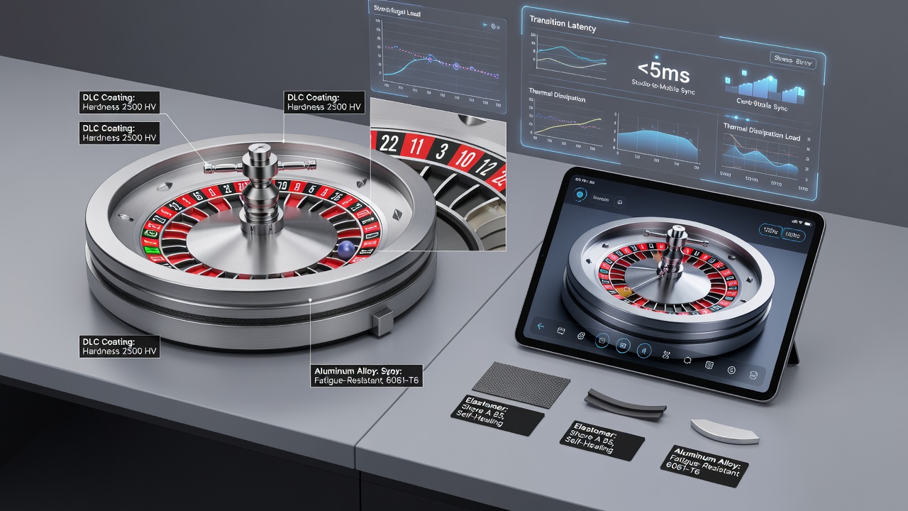 Nahaufnahme einer Roulette-Kugel aus Hochleistungskeramik auf einem Rad mit mobiler Streaming-Integration